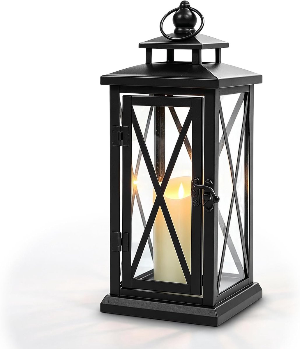 11,2 × 11,2 × 28,5 cm zwarte metalen lantaarns: metalen kaarslantaarns van ijzer en glas, graflantaarn begraafplaats weerbestendig voor buitenmuren woonkamers tafels balkon bars veranda's