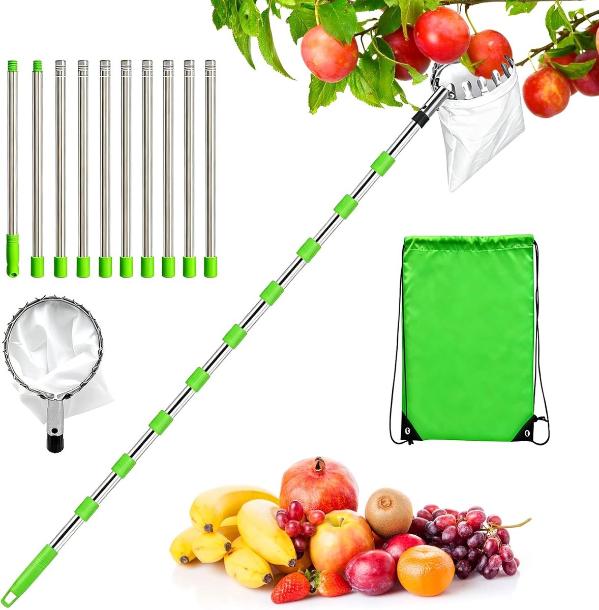 4M Fruitplukker met telescopische steel, appelplukker van roestvrij staal met katoenen zak, fruitplukker, diameter 16 cm, fruitverzamelaar, fruitplukker voor kersen voor peren, citrus, oranje