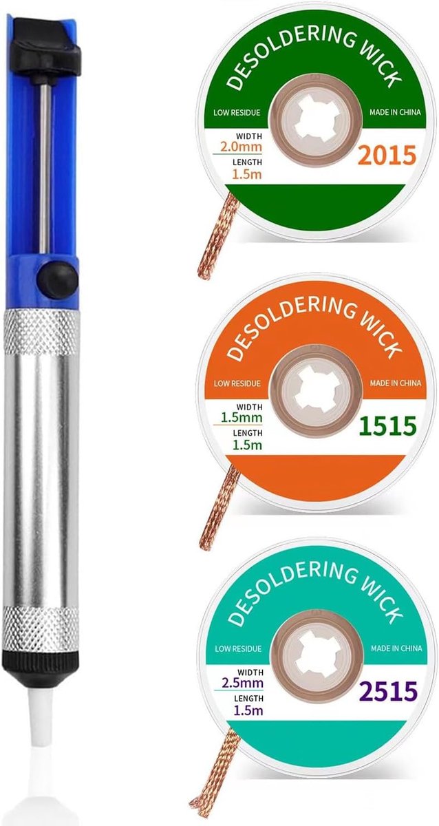 Desoldering Wick Set met 3 rollen met desoldeerpomp, set met 4 spoelen, desoldeerpomp en zuigpomp voor het verwijderen van solderen, elektronische reparatie-accessoires voor printplaten bij