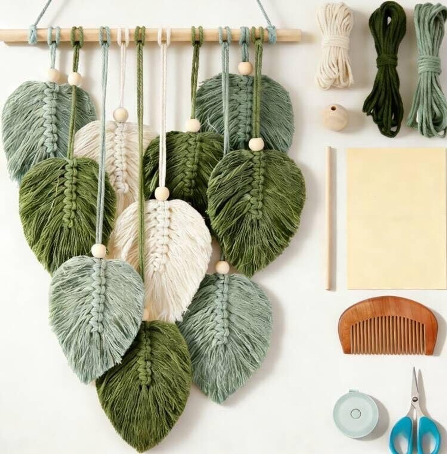 Famanu – Macramé wandbehang kit met houten stok en katoenen touw voor beginners
