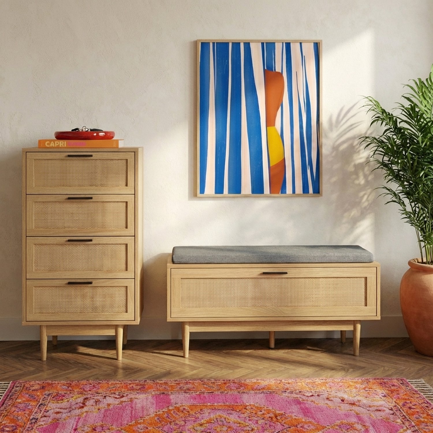 BAITA BAÏTA - AMANA - Ladekast 50 cm - 4 lades - Rotan en eikenlook houtlook