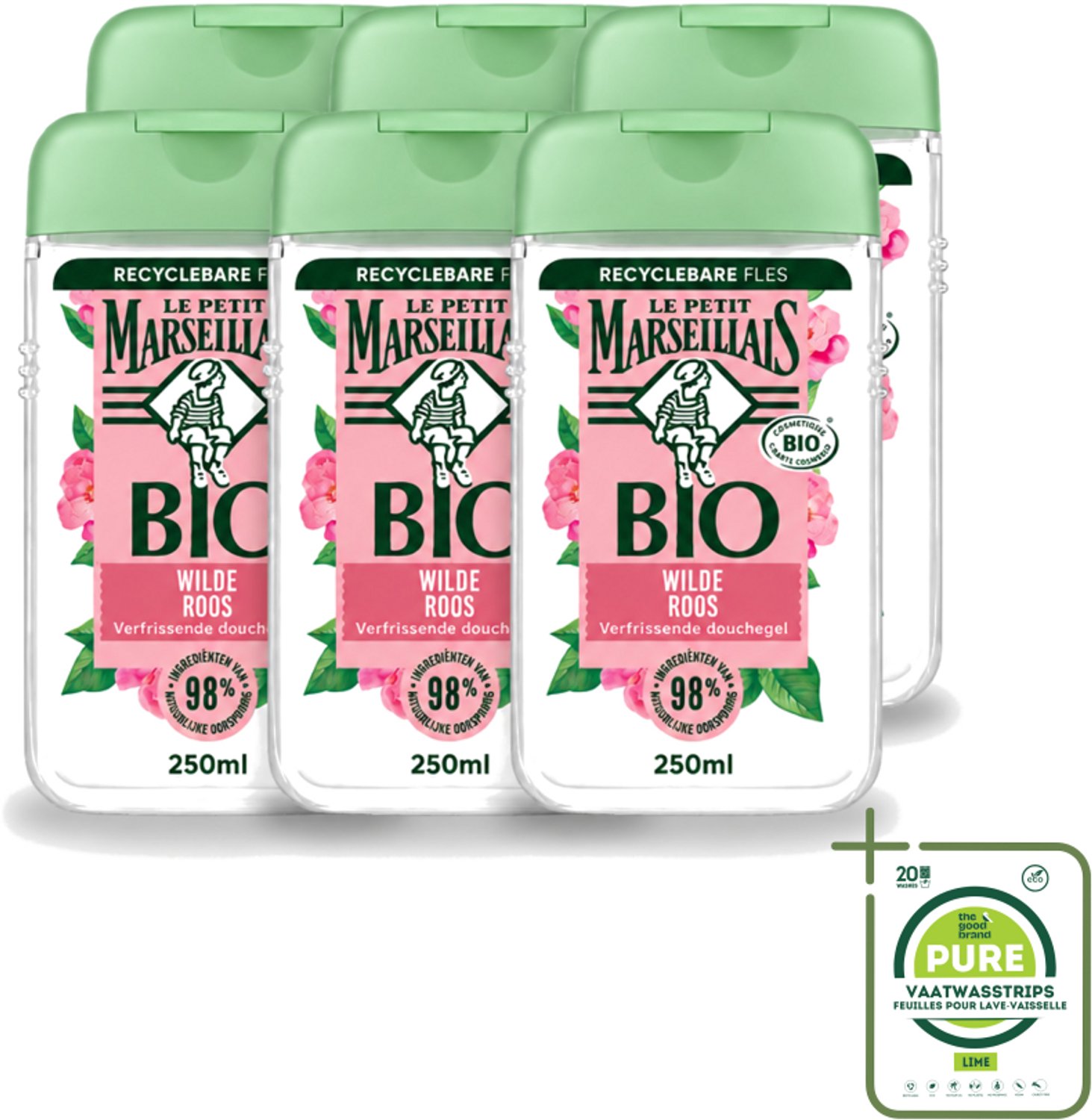 6 x Le Petit Marseillais – Douchegel – Bio Wilde Roos – Verfrissend – 250 ml - Grootverpakking - Vaatwasstrips - Douchegel - Bio Rozenbottel - Frisse Douchegel - Natuurlijke Douchegel - Zachte Reiniging