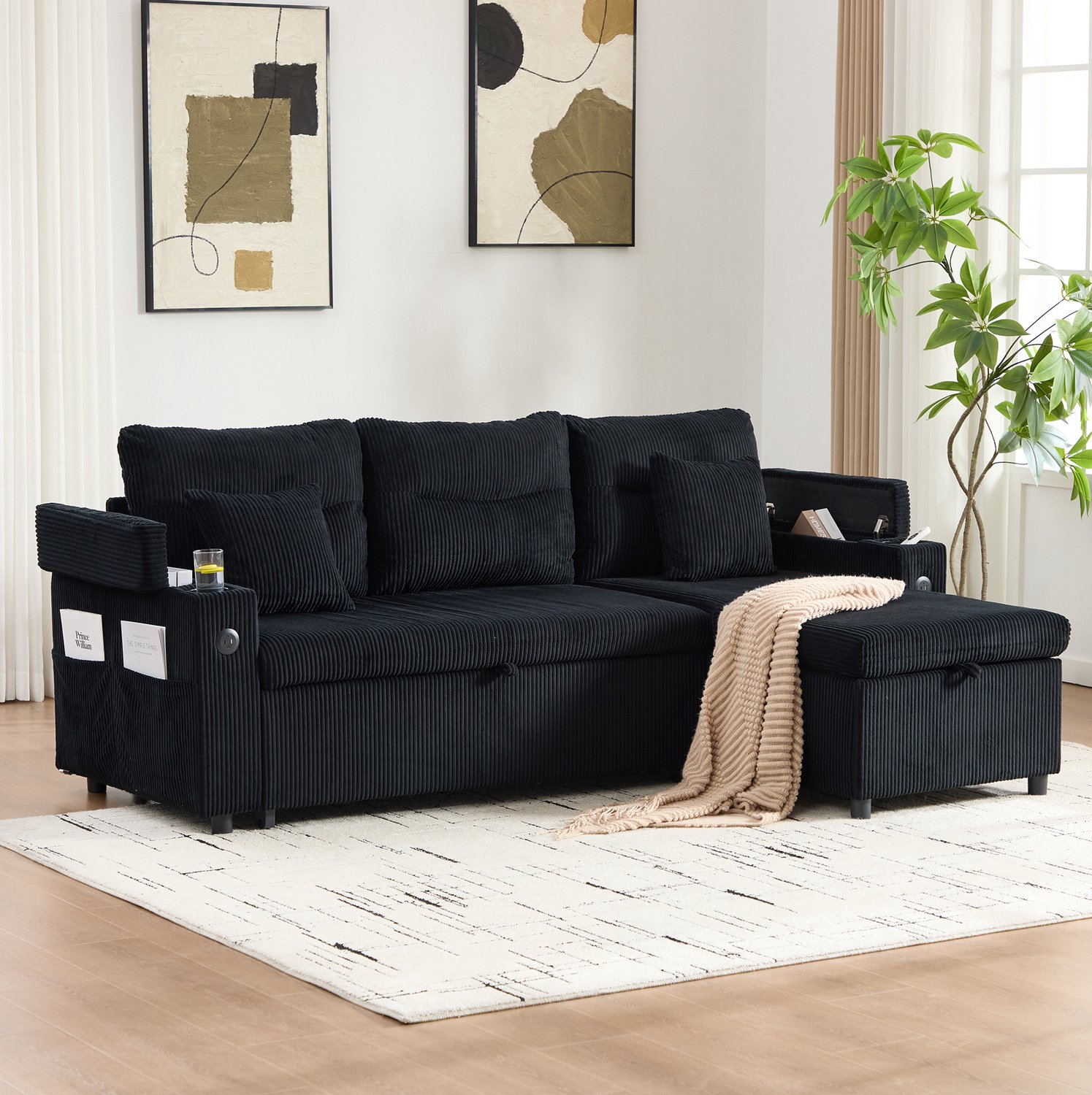 MODENUIT Slaapbank - 3-Zits Met Chaise Longue, USB-C En Opbergruimte - Corduroy - Zwart - 212,5x136x86 Cm