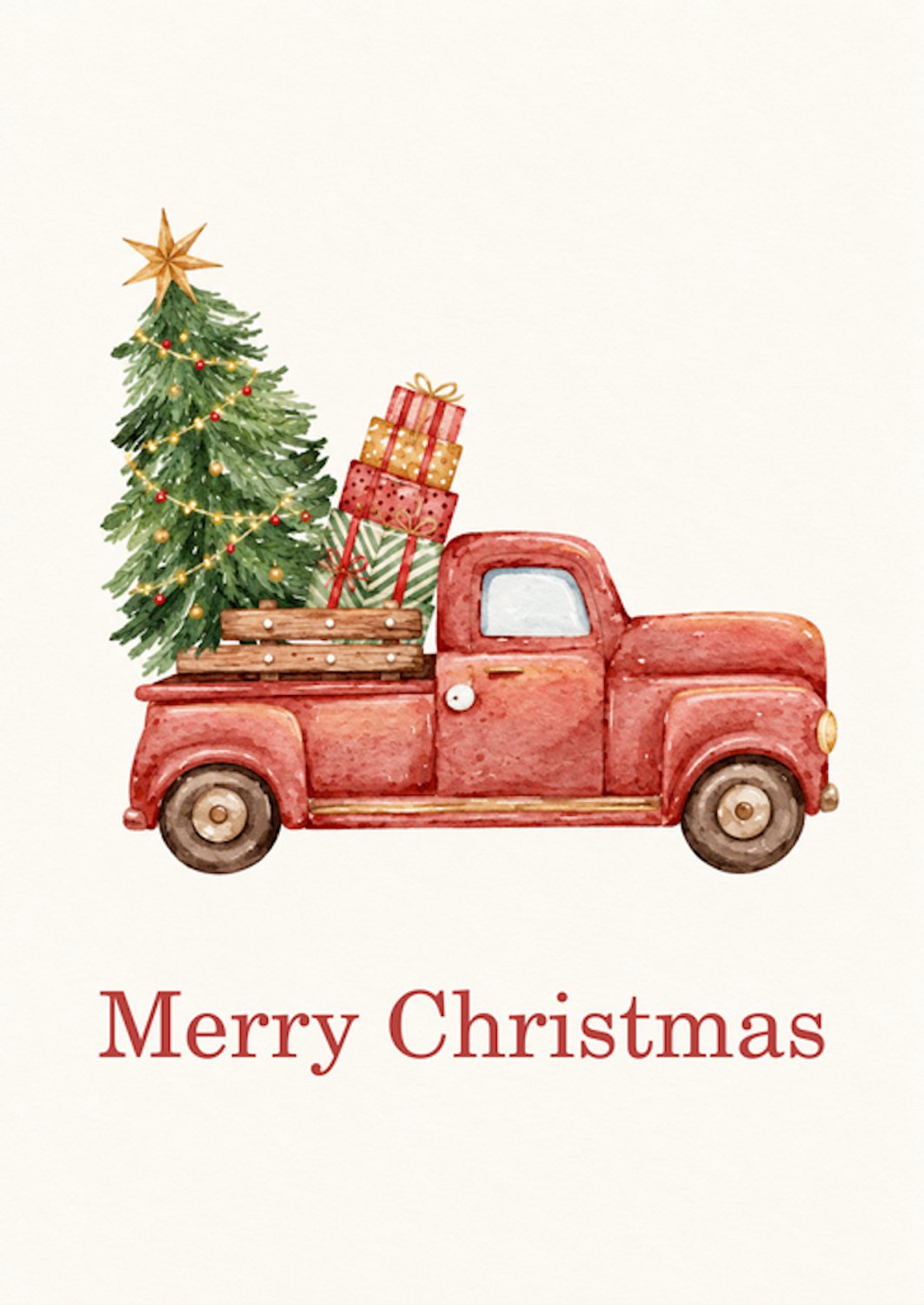 Kerstkaart Merry Christmas met kersttruck en cadeaus – A6