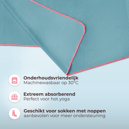 NIRVANASHAPE - Yogahanddoek als yogamat handdoek - antislip noppen - absorberende microvezel - hygiënisch en wasbaar op 40 graden - 185 x 63 cm - turkoois/roze — afbeelding 2