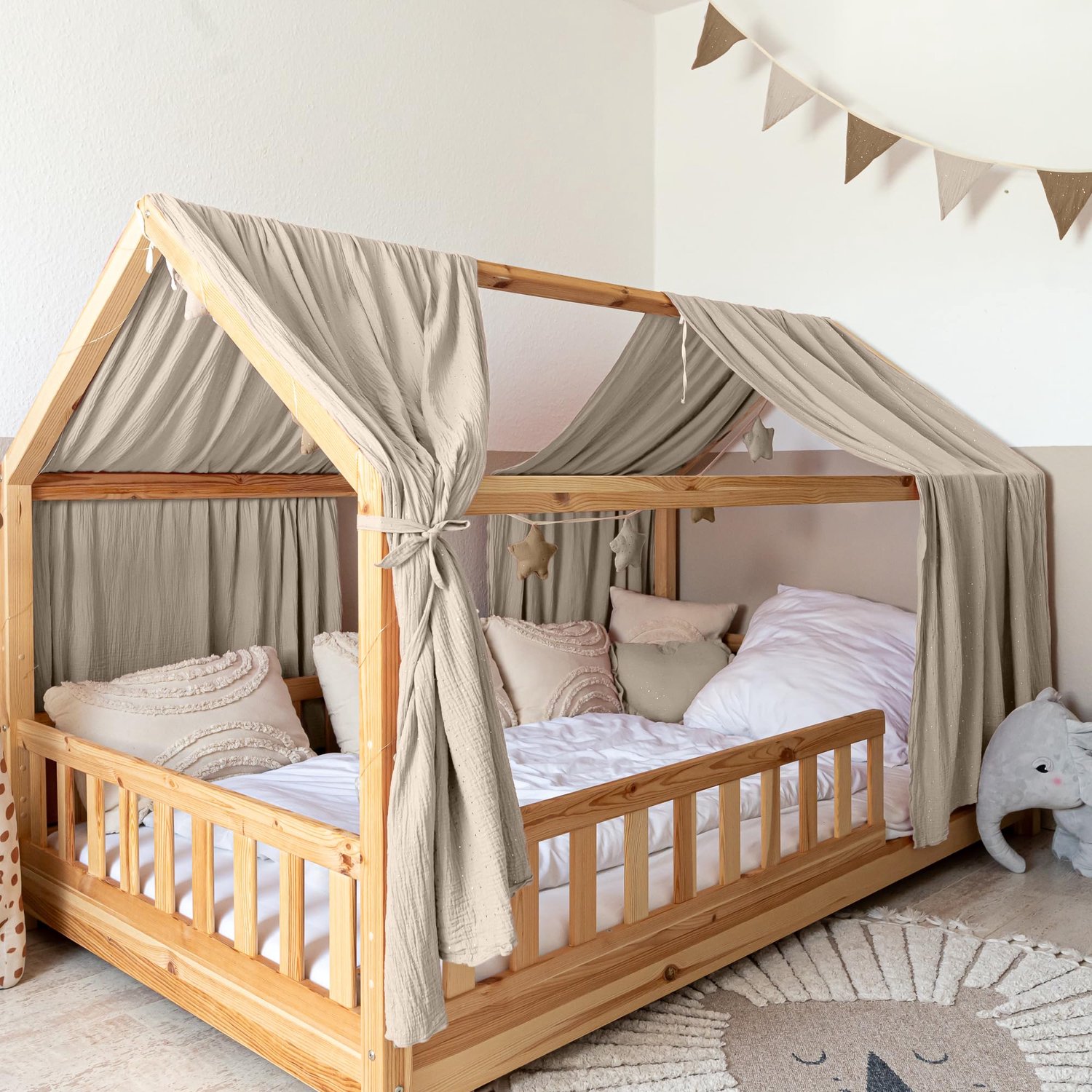 Lilimaus Huisbed hemeltje - set van 2 banen - bedhemel voor huisbed - 135x320 cm - mousseline katoen - lichtbeige