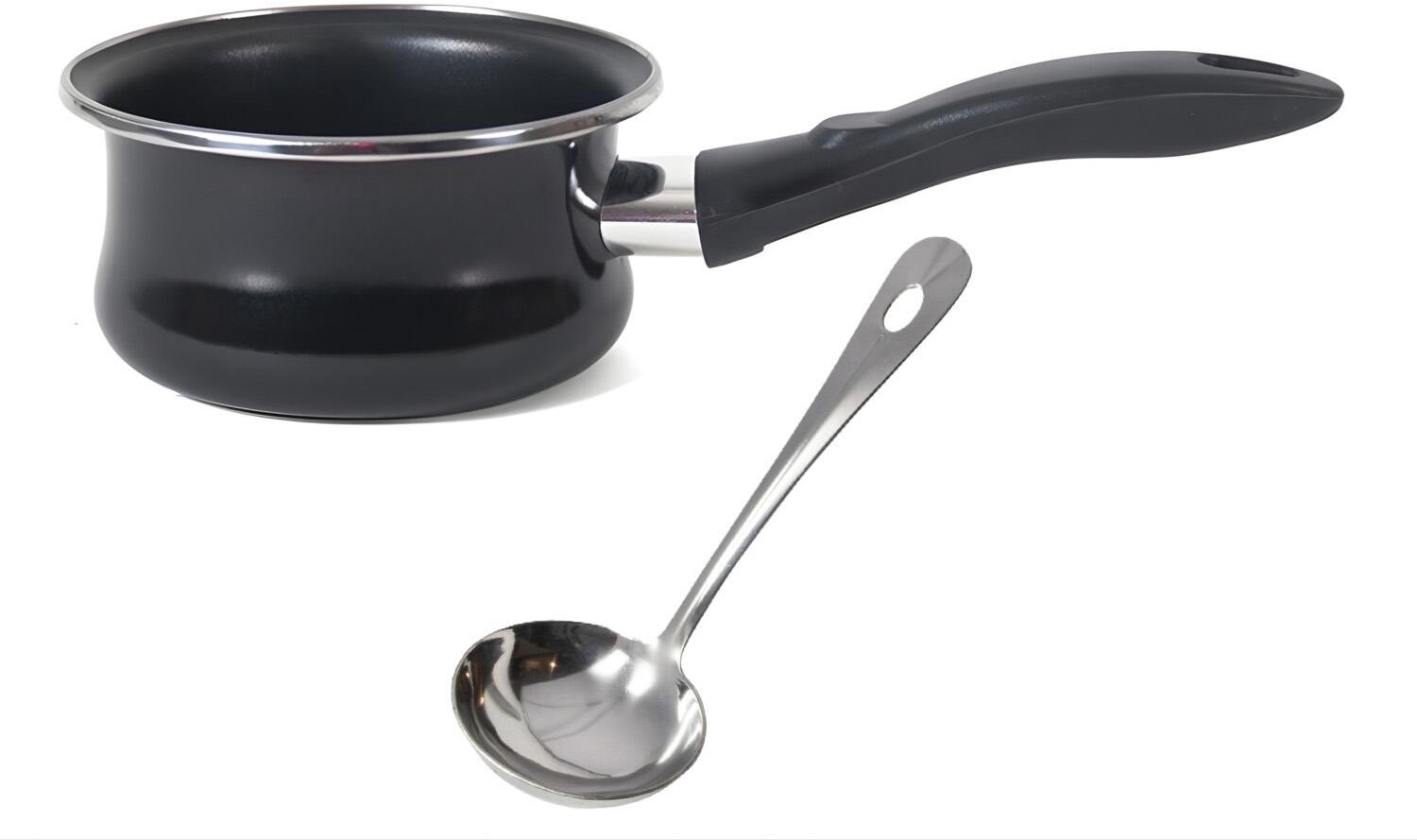 Steelpan met Sauslepel - D16 cm - zwart - antiaanbaklaag - L20 cm - RVS - zilver - juspan/sauspan