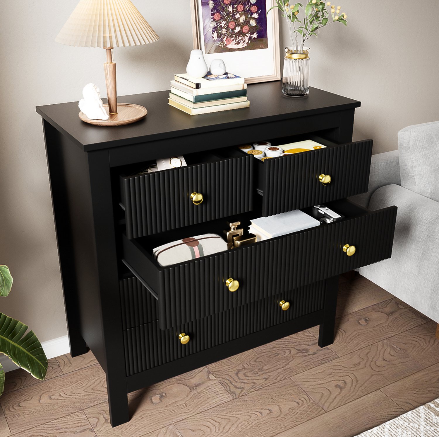 CHICFURN Ladekast 79 cm - 5 lades - Goudkleurige handgrepen - Zwart