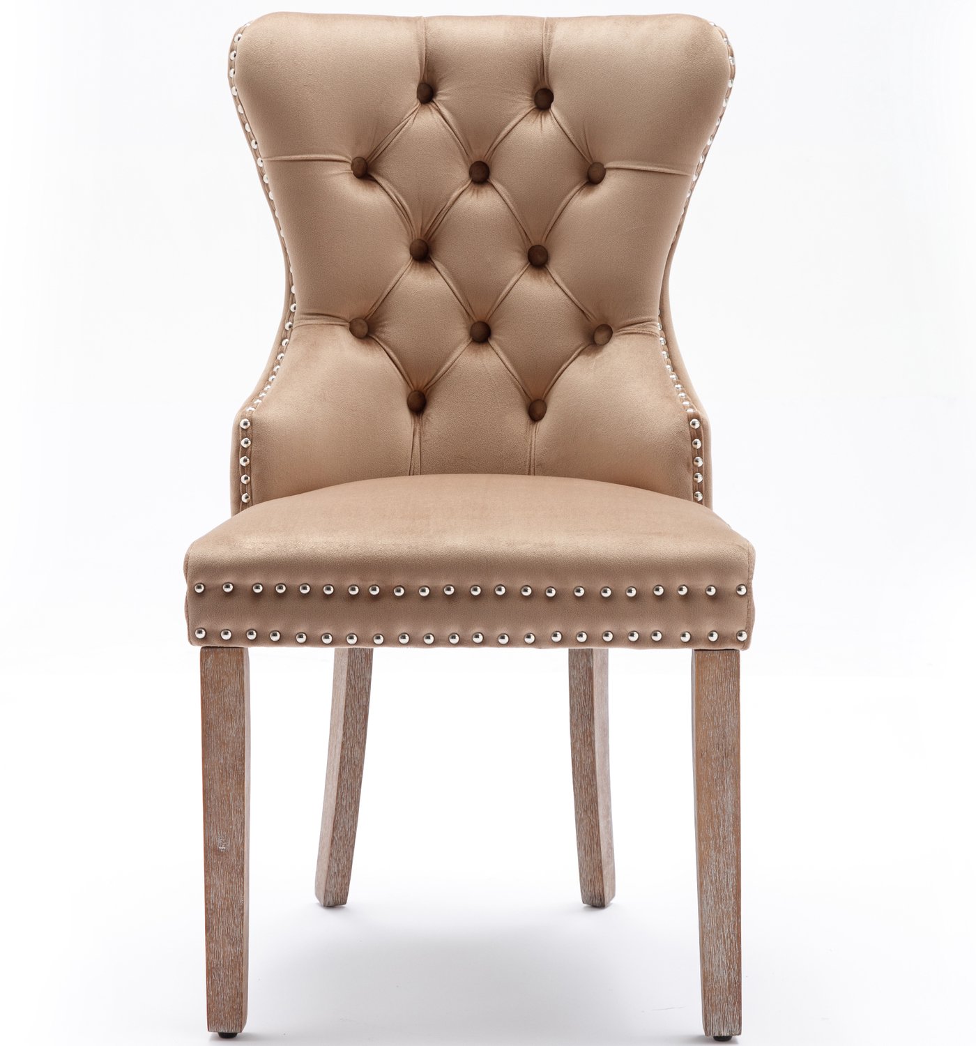 SONNENH Eetkamerstoelen set van 4 - Licht koffiebruin velvet - Massief rubberhouten poten - Knopenrug en zilverkleurige sierring Licht koffiebruin met bruin houten poten