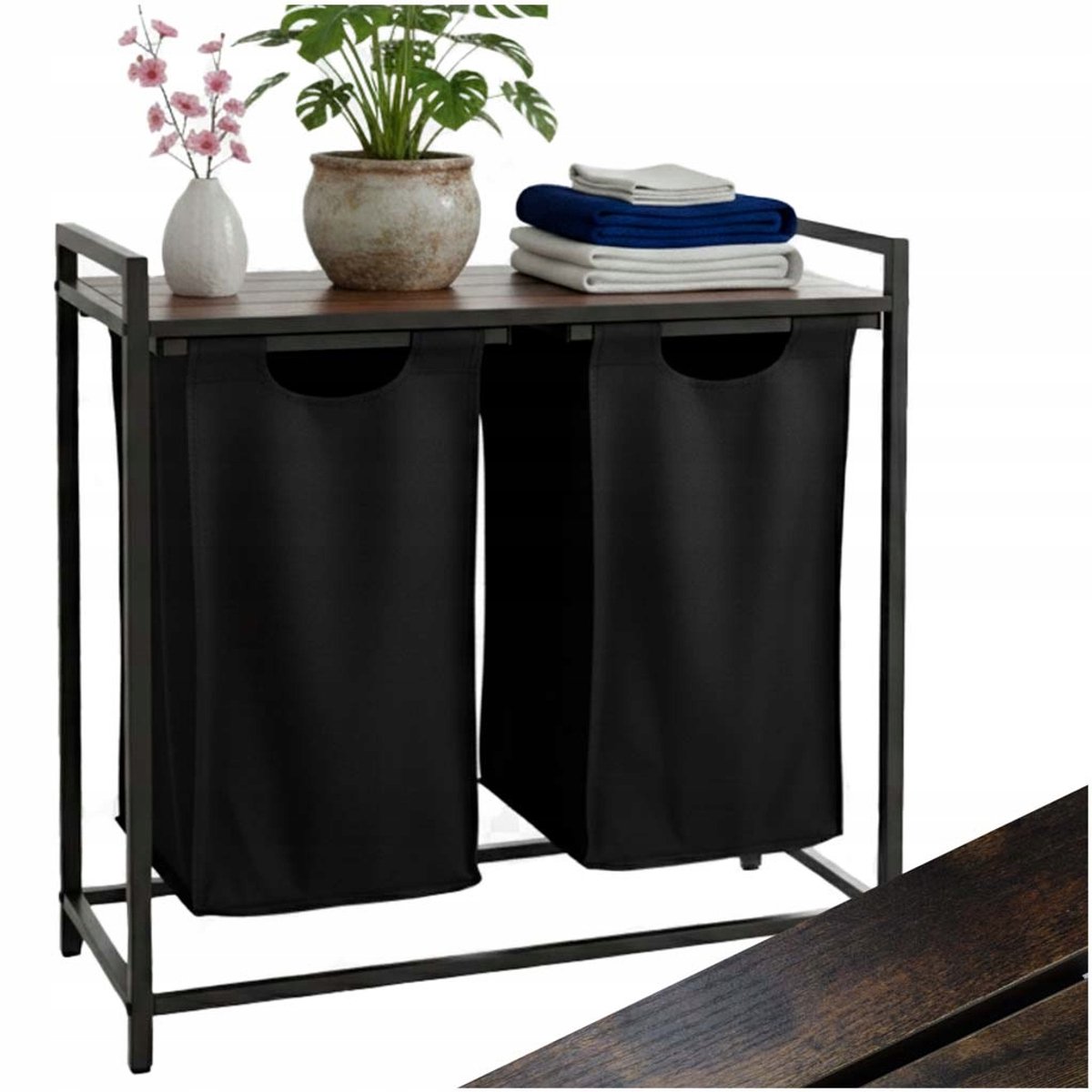 Wasmand met 2 vakken en houten blad - 92L - Loft design