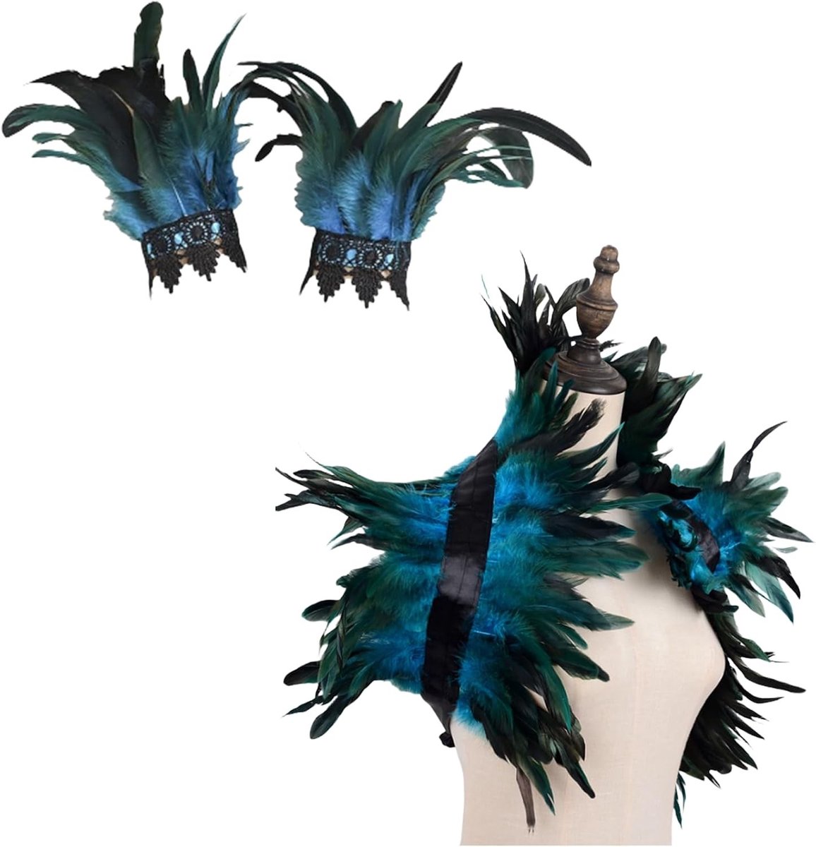 Sierlijke veren ketting en armband met schouderband en cape voor Halloween kostuum en fotoshoot