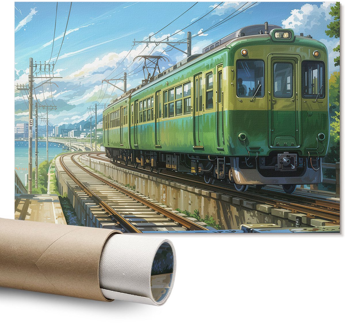 Coloray Polycanvas Wandposter – Groene Trein, Blauw – A1 – Zwart-Wit Kunstwerk – Rechthoek – Wandkunst – Slaapkamer – Klassiek