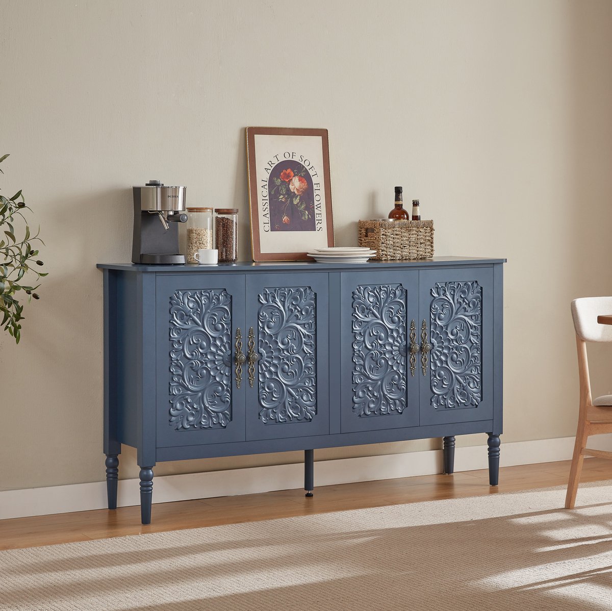 FloraGrace Dressoir - Retro Reliefsnijwerk Met Grote Opbergruimte - Voor Woonkamer, Eetkamer En Hal - Spaanplaat MDF En Metaal - 160x40x89 Cm - Marineblauw