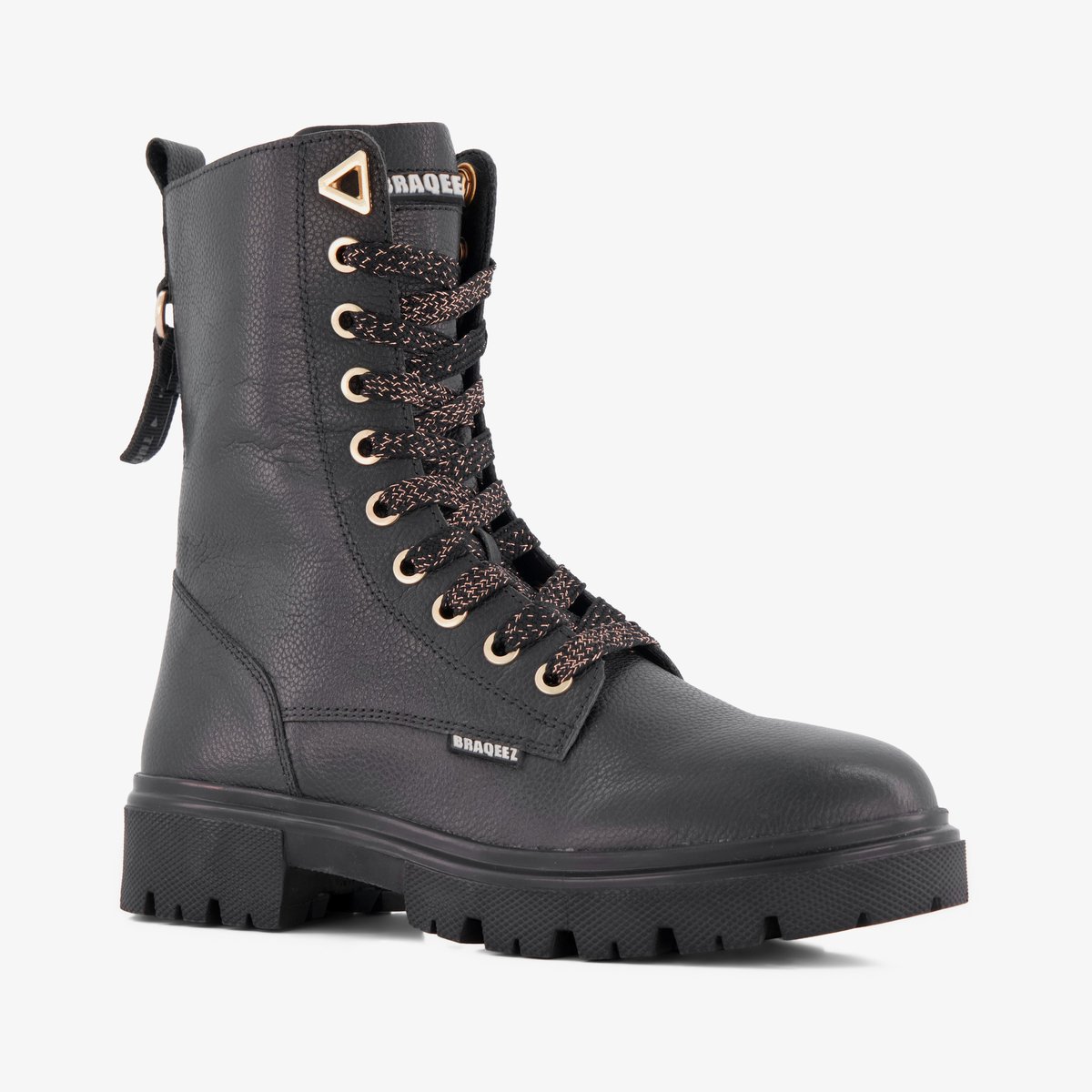 Braqeez leren meisjes veterboots zwart - Maat 38 - Uitneembare zool