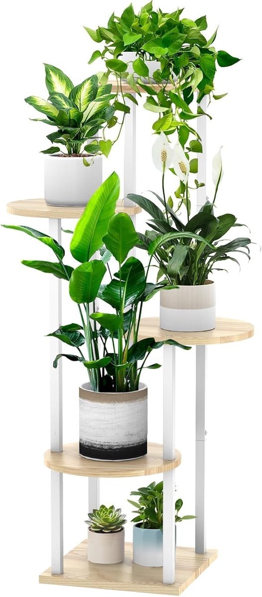 PolkaHome Rond houten bloemenrek met wit metalen frame - 5 niveaus voor binnen en buiten