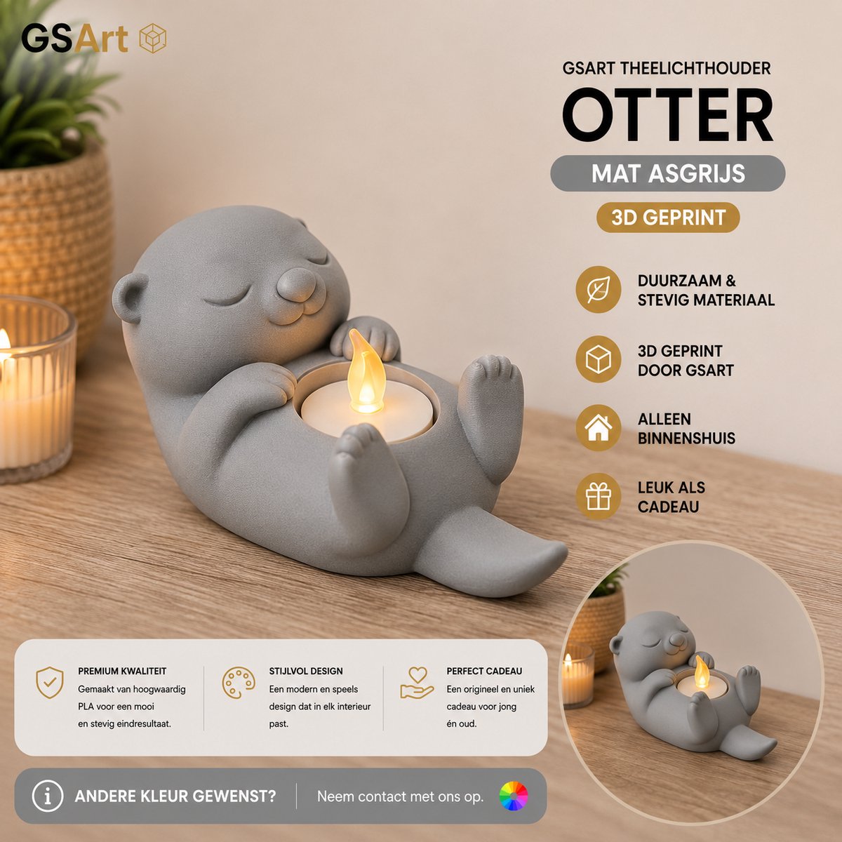 GSArt Theelichthouder Otter – Decoratieve Otter met LED Theelichtje – 3D Geprint - Mat Asgrijs