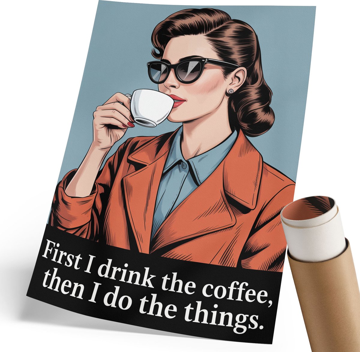 Coloray Polycanvas Wandposter - Retro Koffie, Illustratie - 210 x 297 mm - Oranje Design - Rechthoek - Interieurdecoratie - Woonkamer, Slaapkamer, Kantoor - Retro