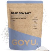 GOYU Dode Zee Zout verpakking. Kraftkleurig met blauwe accenten. Tekst: DEAD SEA SALT, Fine, 100% natural, From Jordan, For wellness, GOYU. 1 kg.