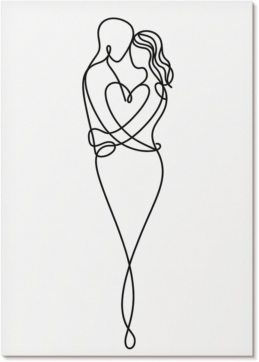 Tulup Polycanvas Wandposter - Liefdeslijn, Lijntekening - A4 - Wit Motief - Rechthoek - Interieurdecoratie - Woonkamer, Slaapkamer, Kantoor - Romantisch