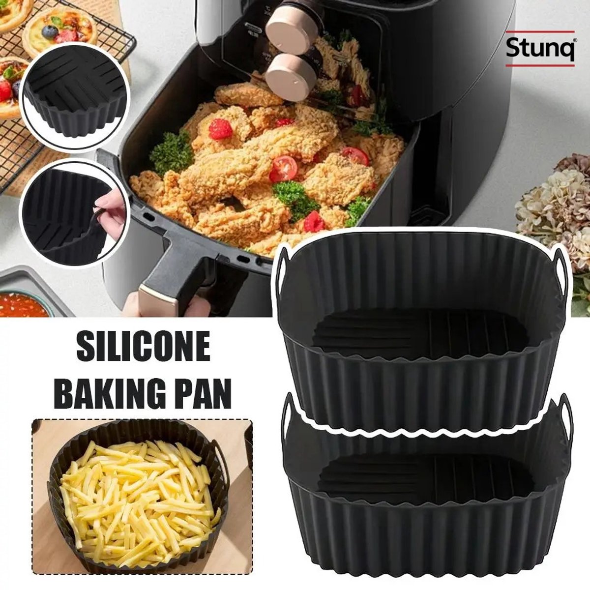 Stunq® Siliconen Airfryer Mand Liner 21 cm - Herbruikbare Anti-aanbak Mat voor Heteluchtfriteuse