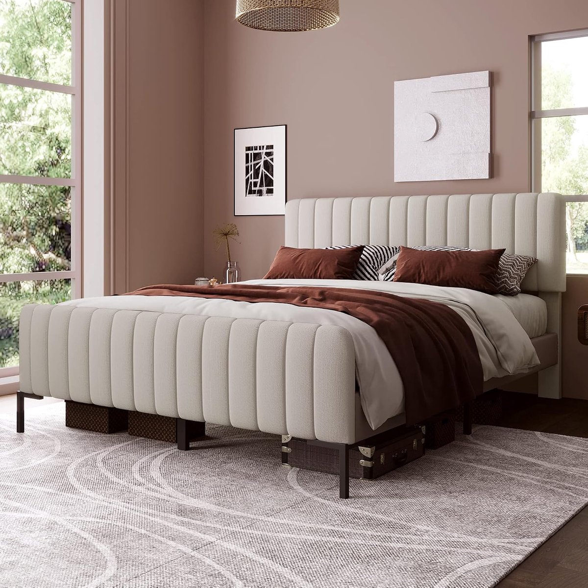 Bedframe 140x200 cm - Industrohome Modern Ledikant met Verstelbare Hoofd- en Voeteneinde, Bedbodem van Grenenhout, Beige
