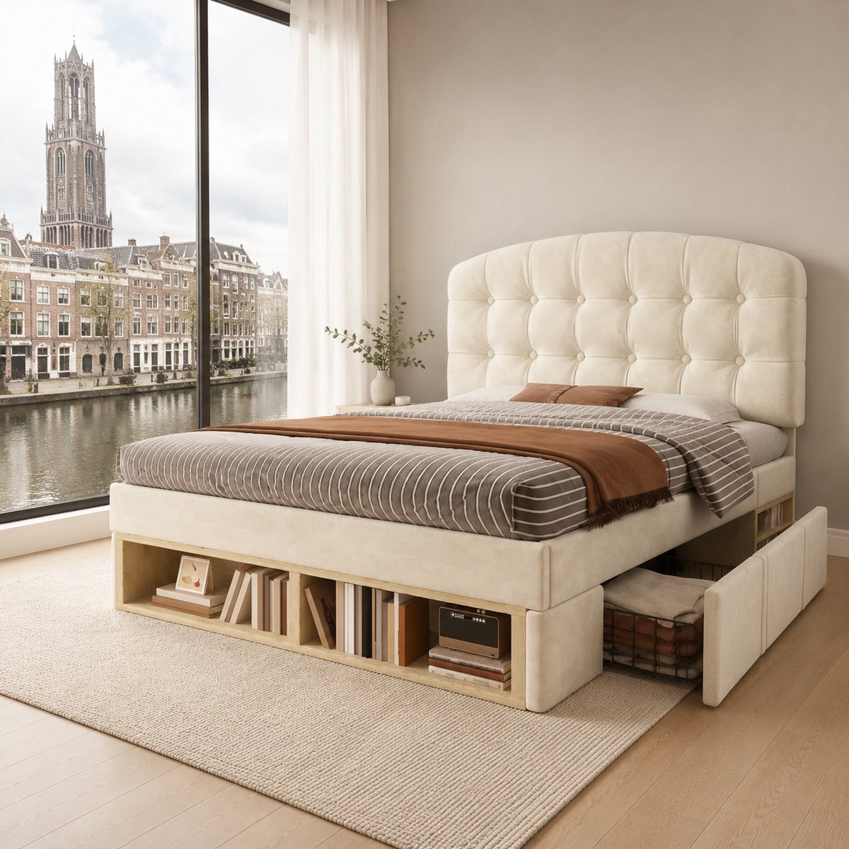 WUVRIE Gestoffeerd bed 90x200 cm in beige met verstelbaar hoofdeinde, lattenbodem, lade en opbergruimte