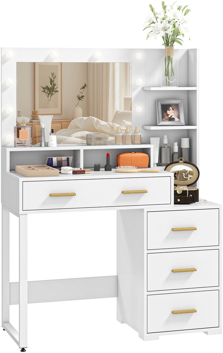 Make-uptafel met spiegel en 9 LED-lampjes - 4 lades en 6 open vakken - kaptafel 100 x 40 x 138 cm - wit