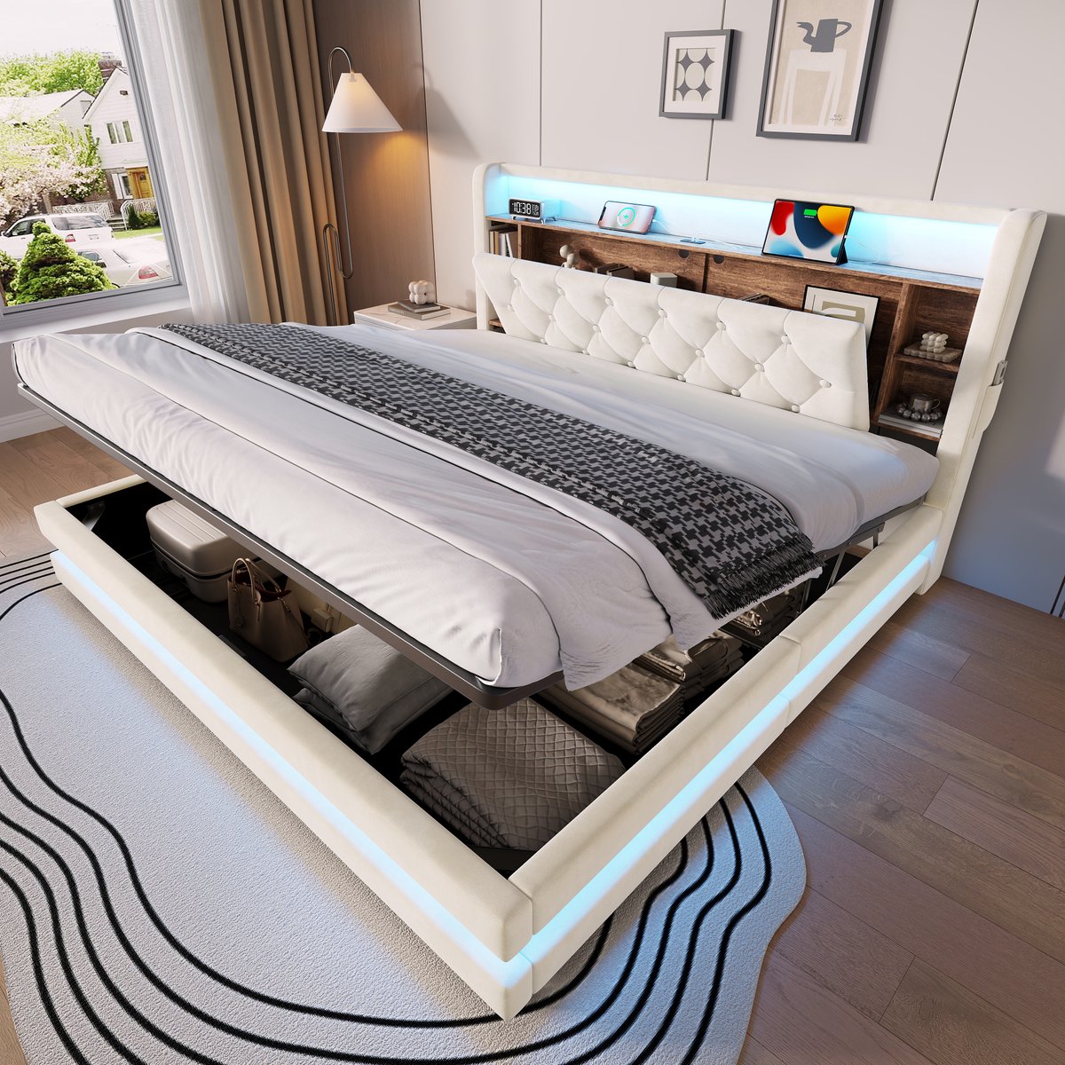 DESMIU Gestoffeerd Bed 180 X 200 Cm – Bed Met Stauraum En Verlichting – Hydraulisch Opklapsysteem – Geschikt Voor Volwassenen – Stof En Hout – Beige – Zonder Matras
