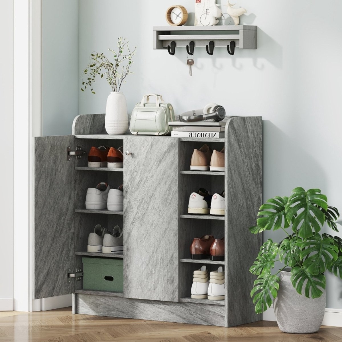 MODENUIT Schoenenkast - 2 Deuren En 4 Open Vakken - Voor Hal En Entree - Hout - Grijs - 83x30x90 Cm