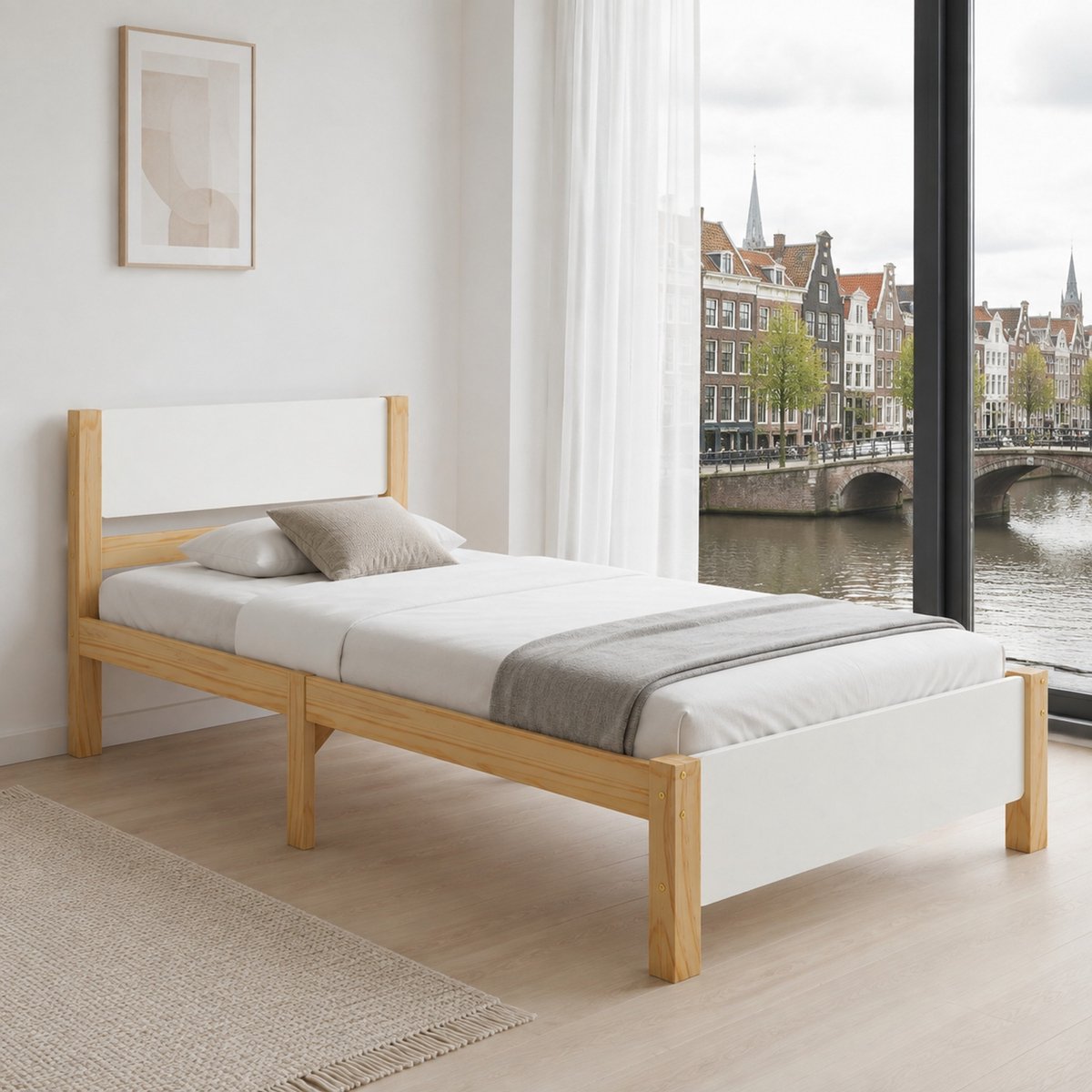 WUVRIE Eenpersoonsbed 90x200 cm met lattenbodem, middenpoot en wit/naturel hout
