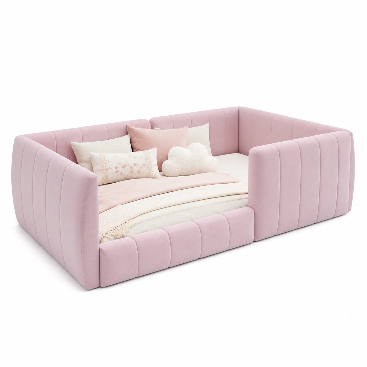 WUVRIE Gestoffeerd bed 90 x 200 cm met veiligheidshek en lattenbodem, roze