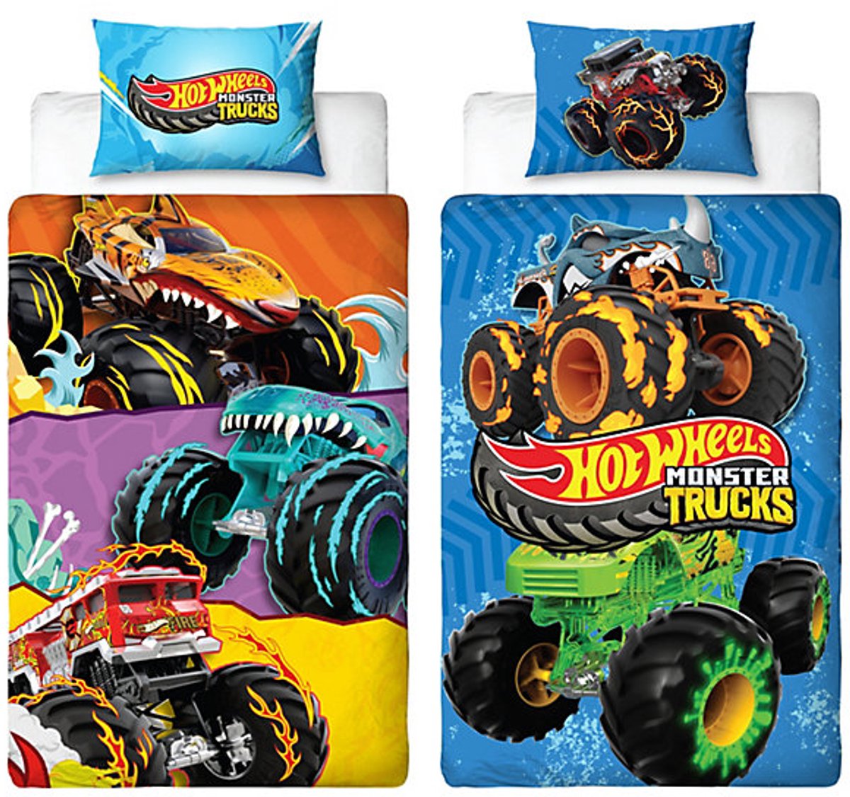 Hot Wheels Monster Trucks Dekbedovertrek - Eenpersoons - Geschikt voor 140x200cm. - Inclusief Kussensloop - Reversible / Tweezijdig - Multi