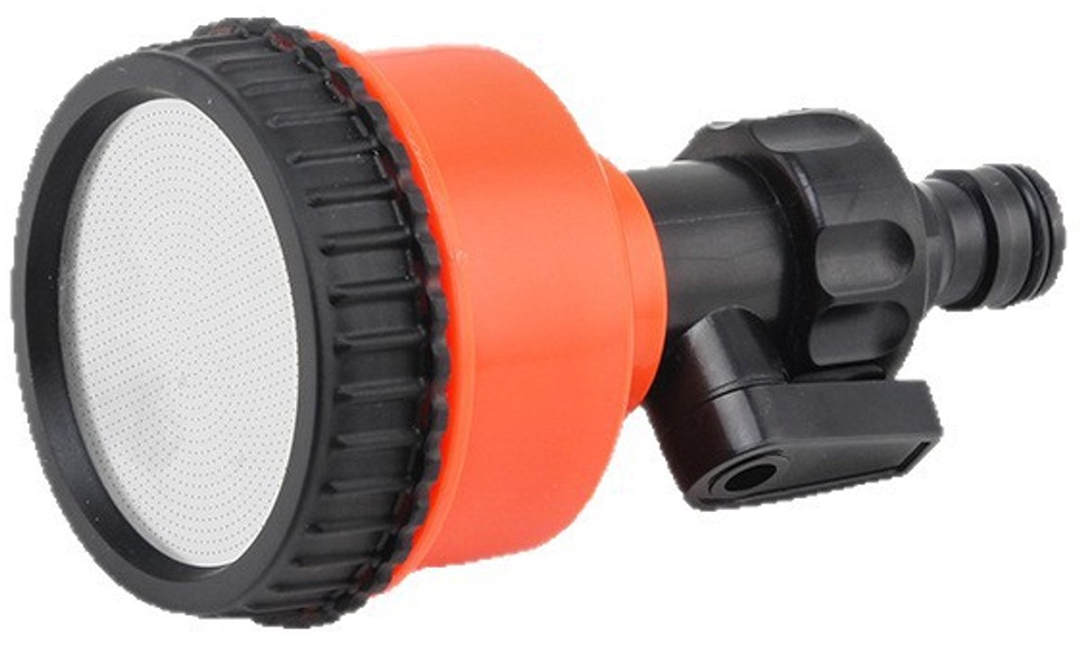 Twee oranje sproeikoppen met ventiel en maaswijdte 1000 mesh voor het kweken van zaailingen.