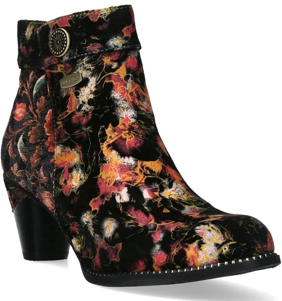 Zwarte enkellaars met bloemenprint in rood en geel, decoratieve knoop en een blokhak.