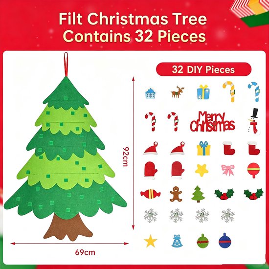 Vilten Kerstboom voor Kinderen - 32 ornamenten Vilten kerstboom met 3 meter Lichtslang - Montessori Speelgoed - Mini Kerstboom - Kersthangers - DIY kerstversieringen - Kerstdecoratie — afbeelding 2