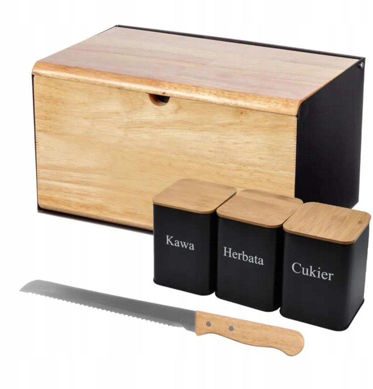 Brunbeste Broodtrommel met 3 Bakjes - 36x22x20cm - Zwart/Bamboe