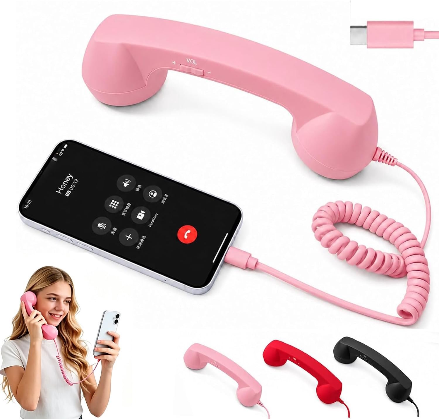 Retro Telefoon - Type-C - Retro telefoonhoorn - Telefoonhoorn met vaste aansluiting - Aansluitend op Mobiel - Koptelefoon - Headset - Woondecoratie - Ergonomisch - Retro telefoonhandset geschikt voor iPhone en Android - Zwart
