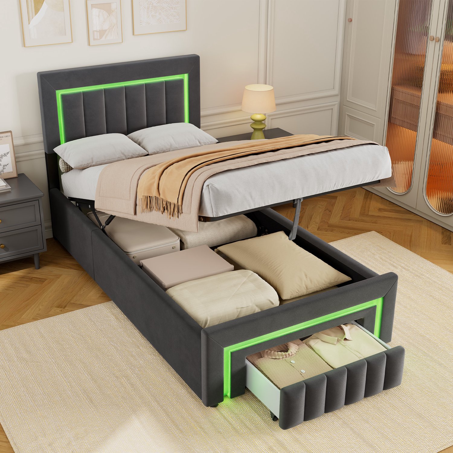 CHICFURN Gestoffeerd Bed 90x200 cm - Voor eenpersoons slaapkamer - Warmwitte LED-verlichting - Hydraulisch opbergvak met lade - Velours - Grijs Donkergrijs