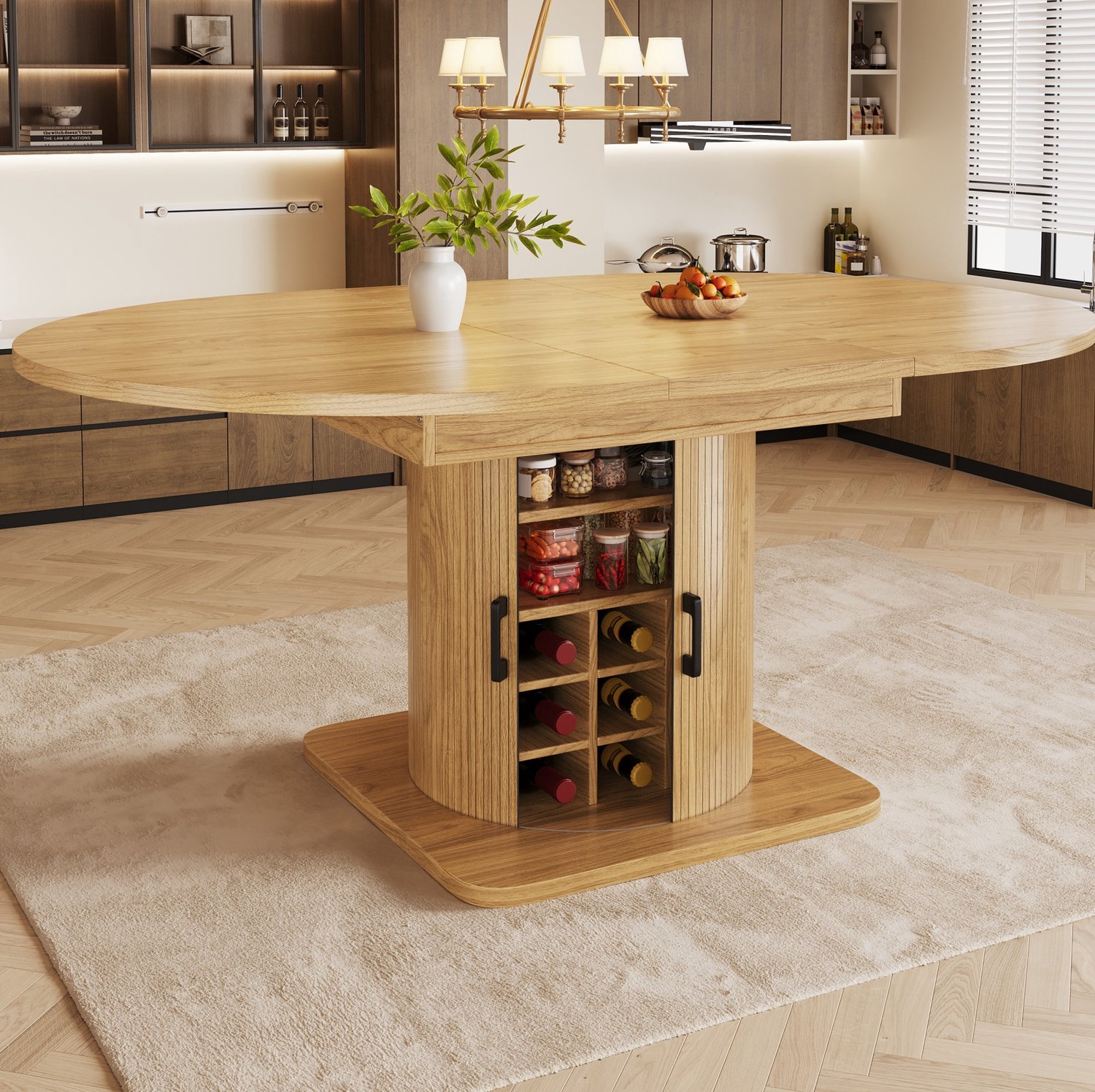 WUVRIE Uitschuifbare eettafel 118-158 x 118 cm - Met opbergruimte en uitneembare planken - Naturel/lichtbruin Naturel lichtbruin