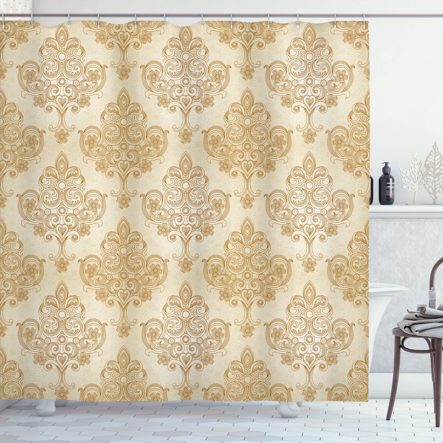 ABAKUHAUS Vintage Douchegordijn, Barok Curved Bloemen, Stoffen Badkamerdecoratieset met Haken, 175 x 240 cm, Crème Pale Brown