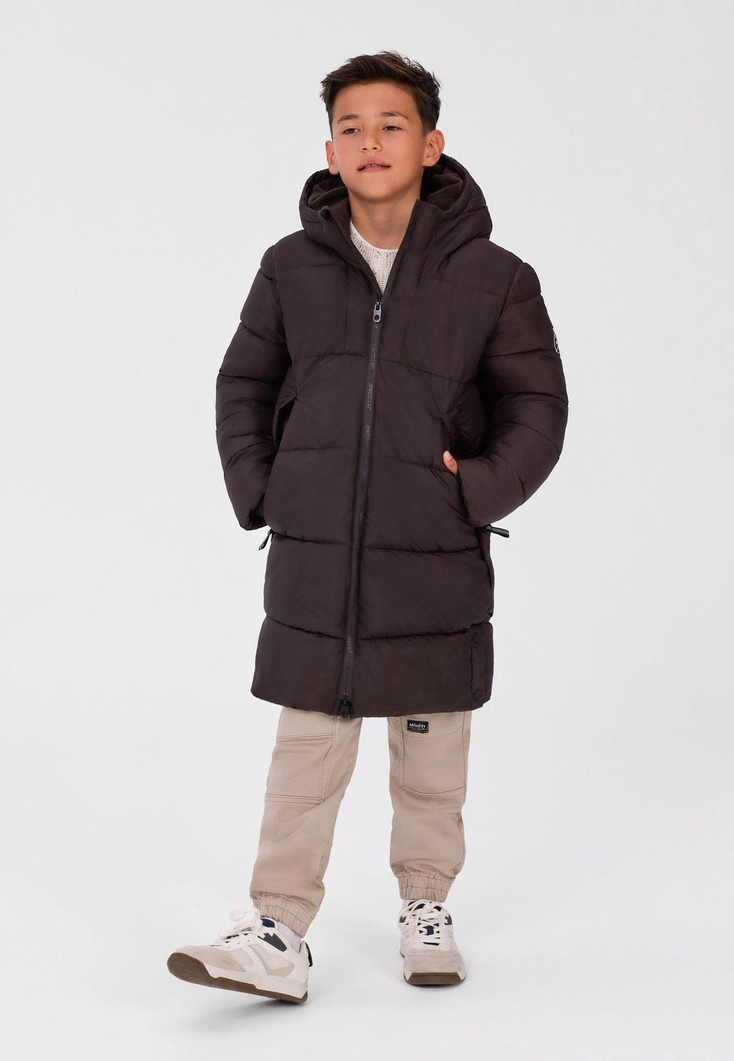Minoti winterjas jongens – lang model – fleecevoering – donkerbruin