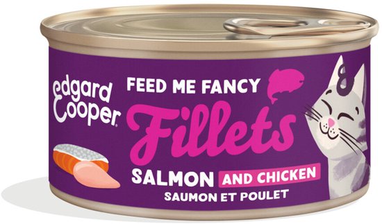 Blikje Edgard & Cooper kattenvoer, "Feed Me Fancy Fillets Salmon and Chicken". Paars met afbeelding van een katje en zalm.