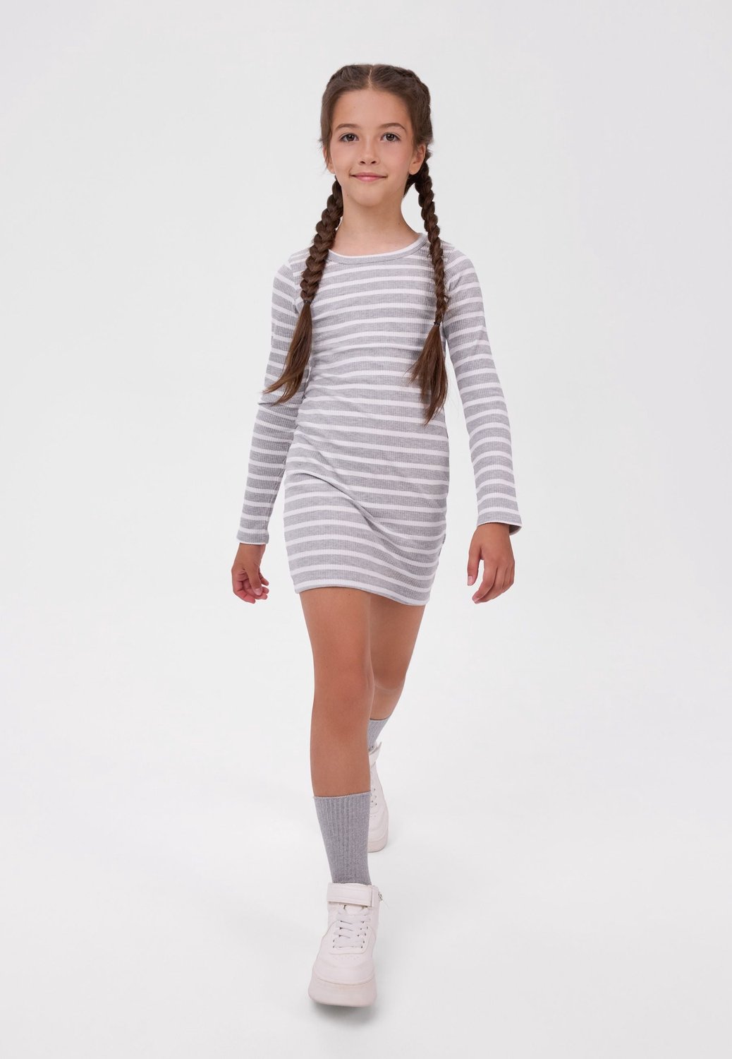 Minoti meisjes jurk lange mouw – geribd – 2-pack – grijs en gestreept