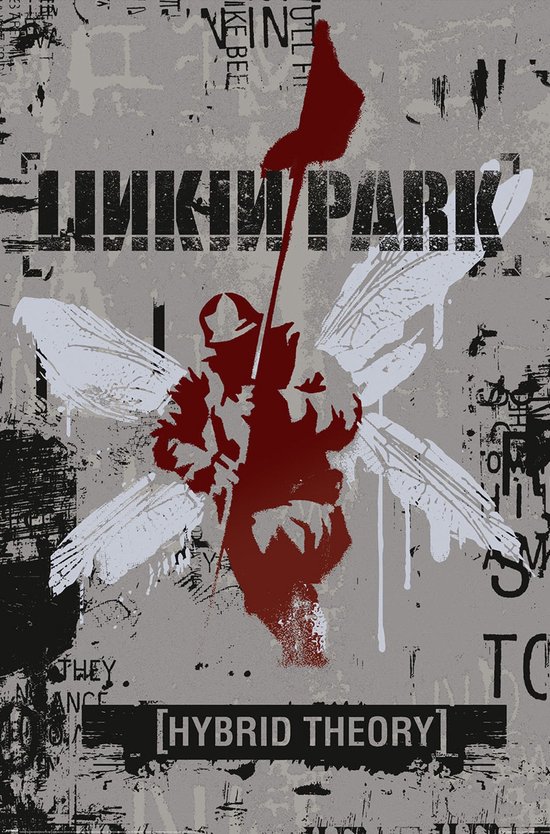 Affiche Linkin Park 'Hybrid Theory' avec une figure brun-rouge aux ailes, un drapeau et un arrière-plan textuel.