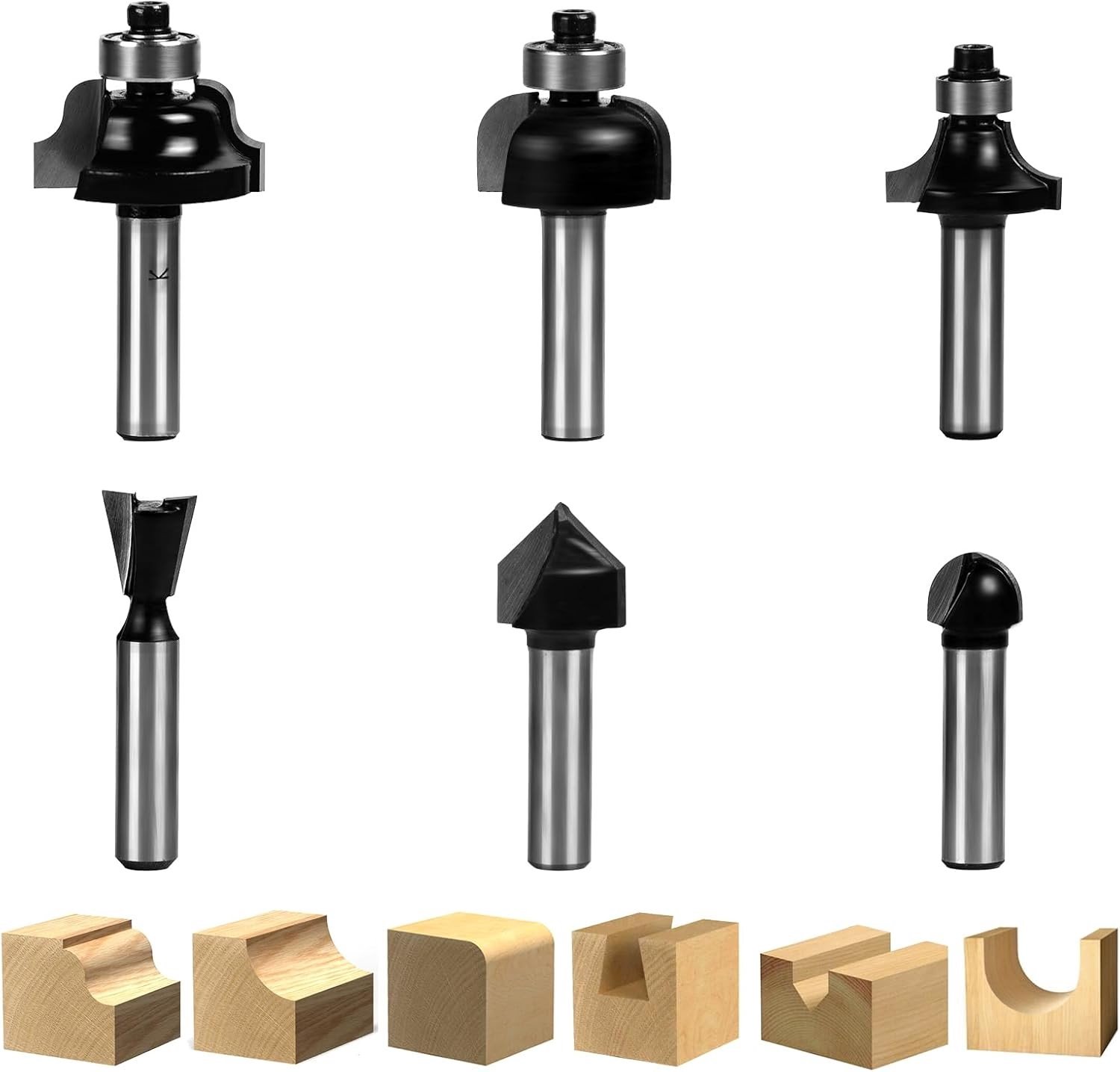 Ronde Frees met 8mm Schacht, Set van 6 Stuks, Voor Houtbewerking, Template Frezen en Vlakke Trim Bewerking, Ideaal voor Hoekfrezen en Randafwerking