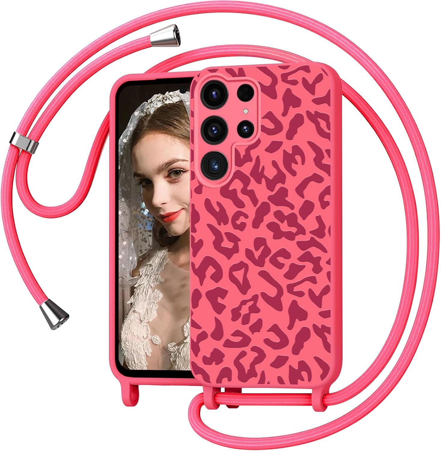Beschermhoes voor Samsung Galaxy S26 Ultra met koord, luipaardpatroon, beschermhoes met band, schokbestendig, siliconen, verstelbare hanger, telefoonhoes voor Samsung S26 Ultra 5G, rozerood