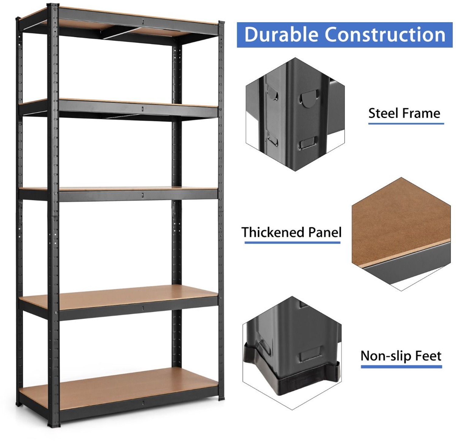 SureDeal® - Opbergkast - Opslag Rek Opslag - Verstelbare Planken - Boeken Keukengerei Blauw - Zwart - 75x30x150 cm