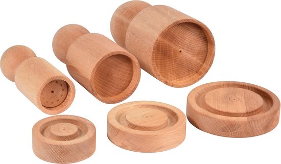 dobar Potten, 3x grote papier-/bloempotpers van hout rond, diameter 7 cm 9 cm 11 cm, beuken geolied beige — afbeelding 4