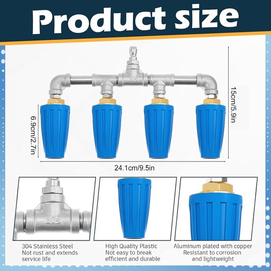 Hogedruk Slang Nozzle Quad Ergonomische RVS Wasmachine — afbeelding 3