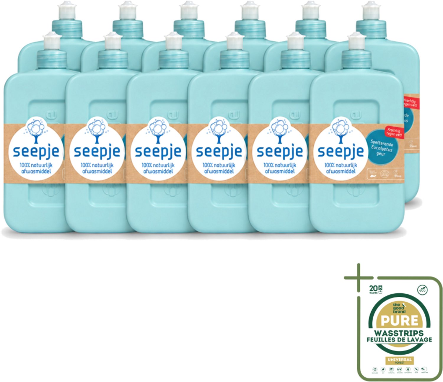 12 x Seepje - Afwasmiddel - Verfrissend & Zacht voor de Handen - Spetterende Eucalyptus - 500 ml - Wasstrips - Afwasmiddel - Eucalyptus - Handen Reinigen - Natuurlijk Afwasmiddel - Huidvriendelijk